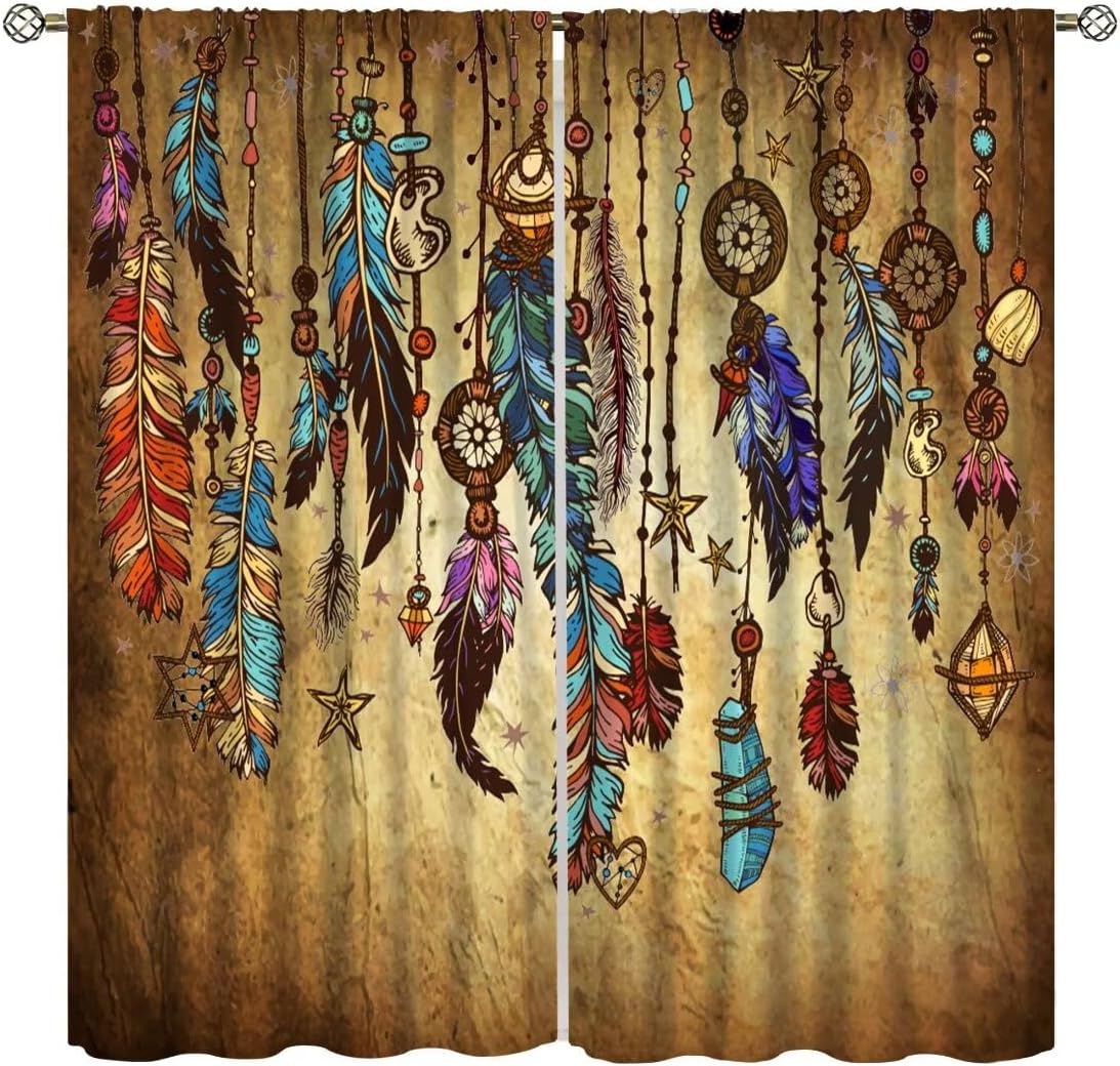 Vintage Feather Curtains,Native American Indian Ethnic Tribe Aztec Style Window Treatments for Bedroom Living Room Kitchen Café Window Drapes 2 Panels Set Total Size 84 x 84 Inch