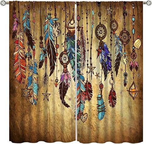 Cortinas de plumas vintage, tribu étnica india nativa americana, estilo azteca, tratamientos de ventana para dormitorio, sala de estar, cocina,