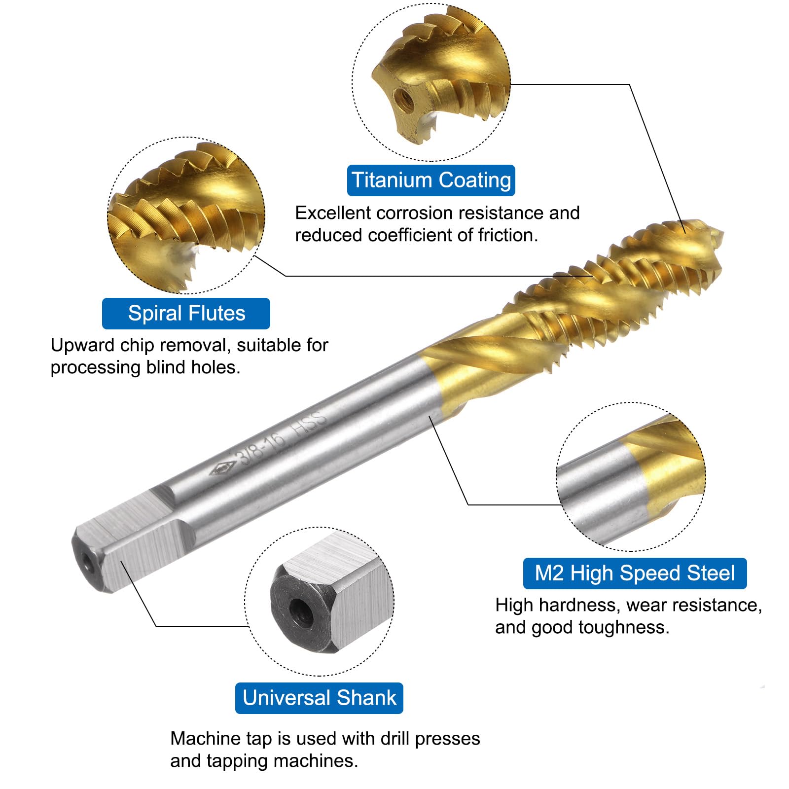 2 Maschi Per Filettatura 3/8-16 UNC HSS - Rivestiti In Titanio Per Acciaio E Alluminio