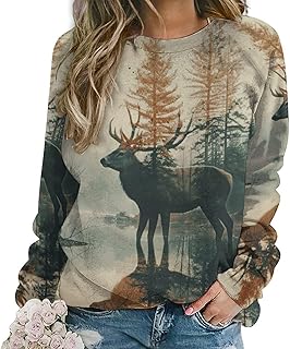Sponsored Ad - ZOCAVIA Womens Moose Forest Sweatshirts Fall Fashion Long Sleeve Crewneck Pullover Tops Vintage Deer Graphi...