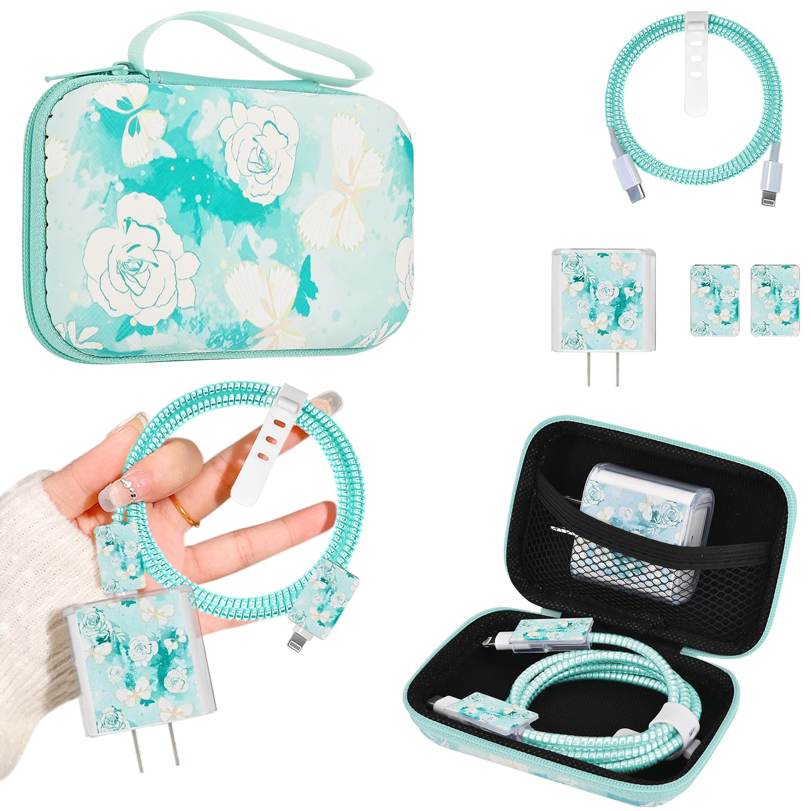 Protector de cable de mariposa rosa con funda para cargador y estuche organizador 8