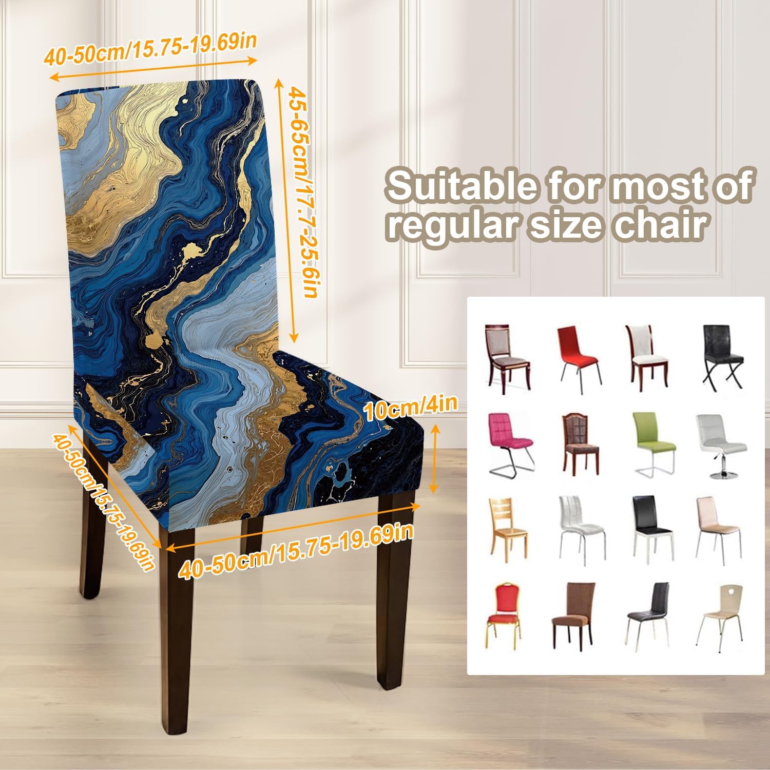 ANNA QUEEN Blue and Gold Marble Chair Covers for Dining Room Kitchen Set of 4 – Stretchable, Stylish Dining Chair Slipcovers, Washable, Luxury Modern Home Décor
