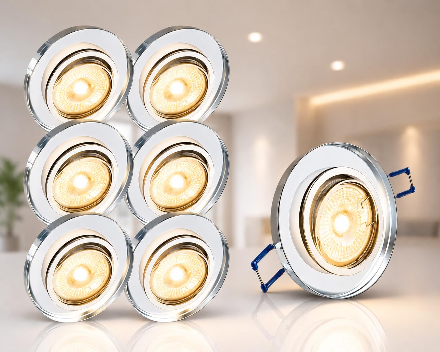 Trango 6er Set Design LED Einbaustrahler 6729R-06MCOBSD inkl. 6x 3 Stufen dimmbar 5 Watt LED Modul Ultra flach 3000k warmweiß Einbauleuchte, Deckenleuchte aus Kristall Glas & Alu Einbauspots