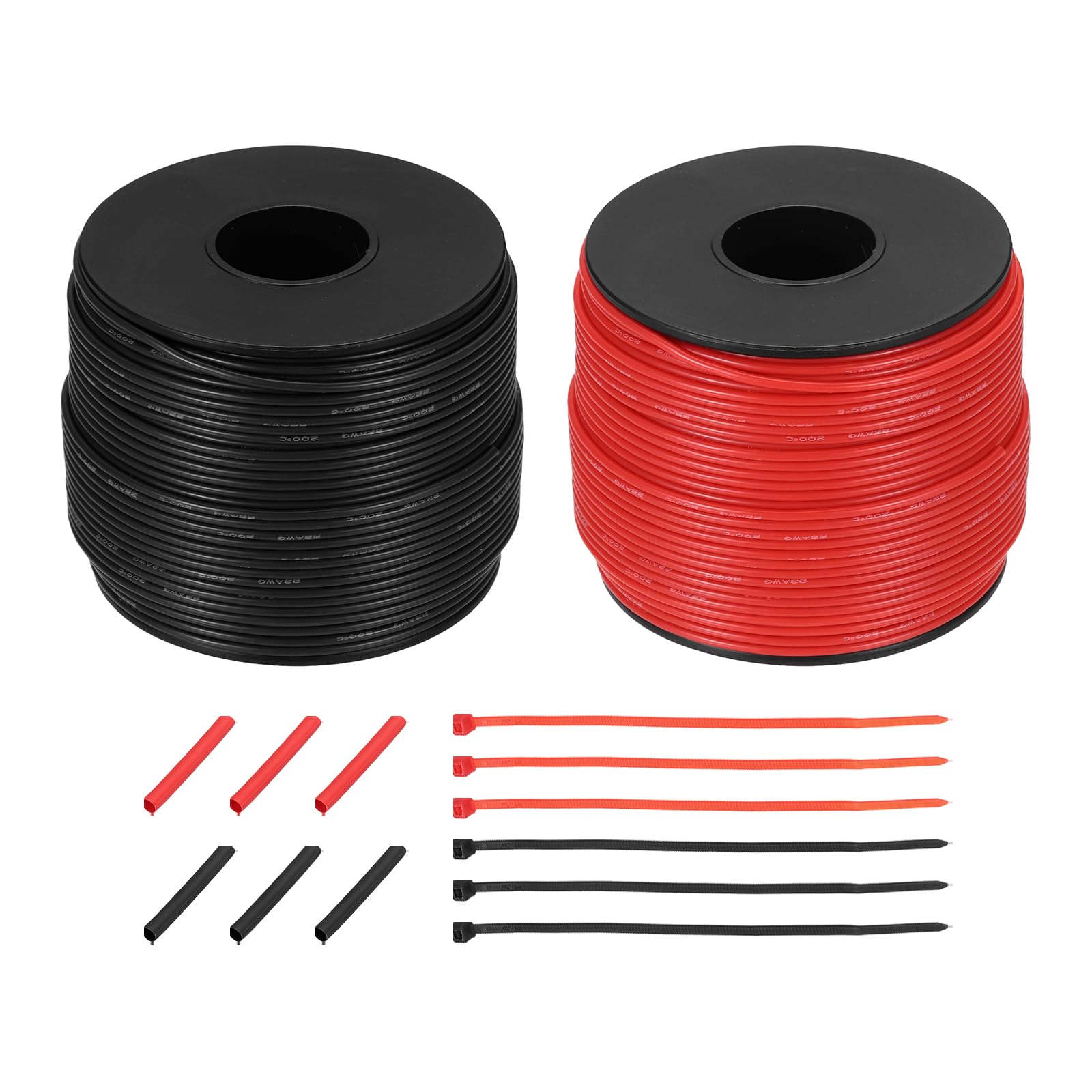 sourcing map 2pcs 22 AWG Silicone Electrical Wire Spool, 22 Gauge 76.2m/250ft Tinned Copper Electrical Wires with Heat Shrink Tubing & Cable Ties for Automotive, RV Inverter - Red & Black — image 1