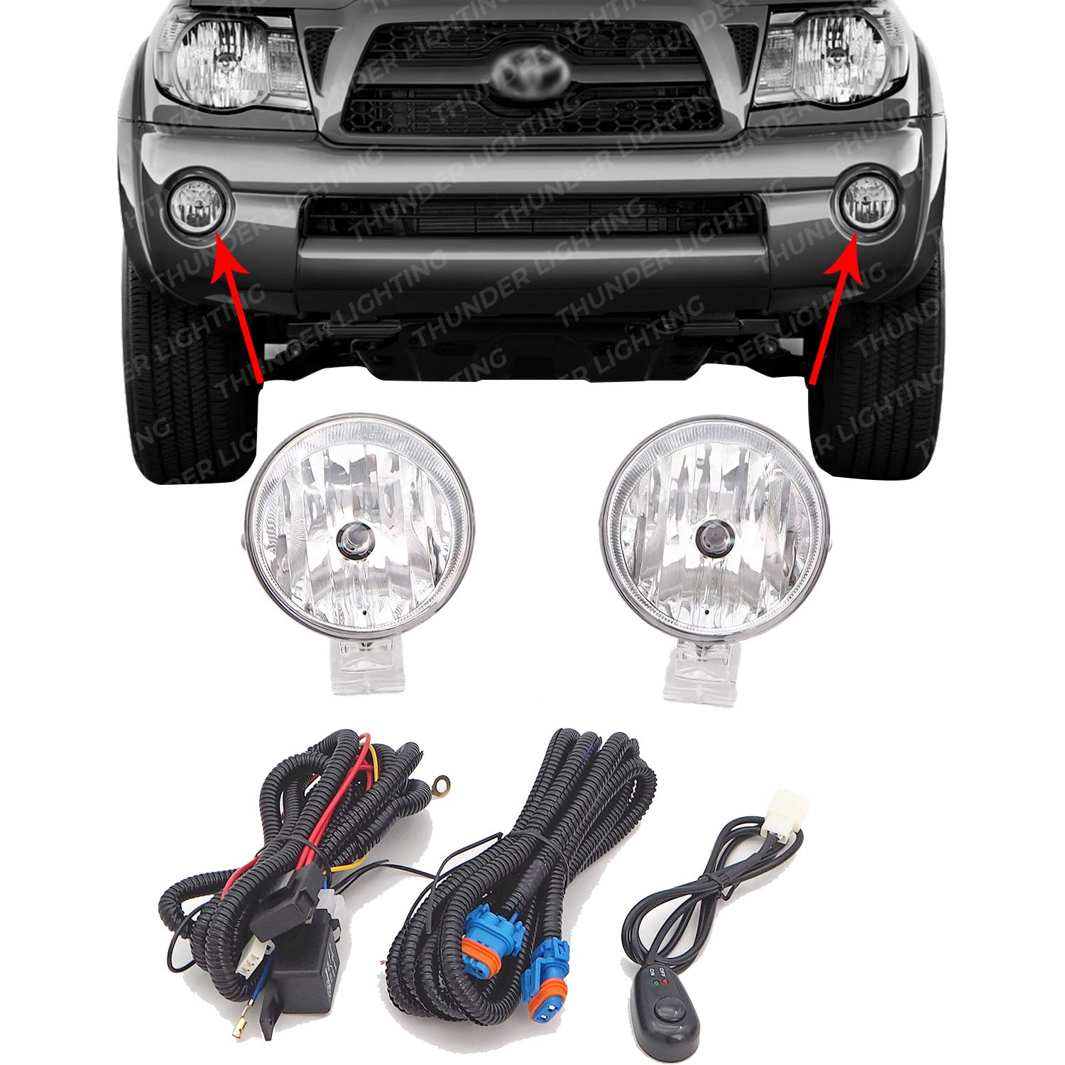 Thunder Lighting New Front Fog Lights With Harness + Switch For 2004-06 Toyota Solara 2007-13 Toyota Tundra 2005-11 Toyota Tacoma 2008-15 Sequoia Direct Replacement , Clear