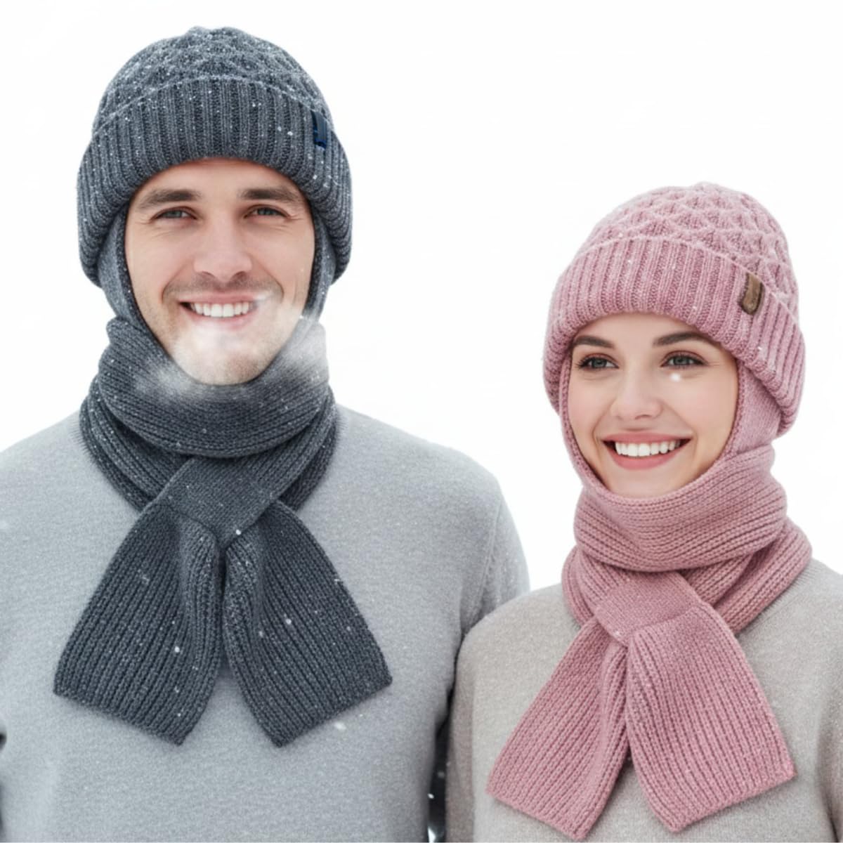 2 in 1 Winter Hat Scarf Combo for Men & Women | Warm Winter Cap with Built-in Neck Scarf | Soft Knitted Cold Protection Beanie | 5 Colors / 1 Combo
