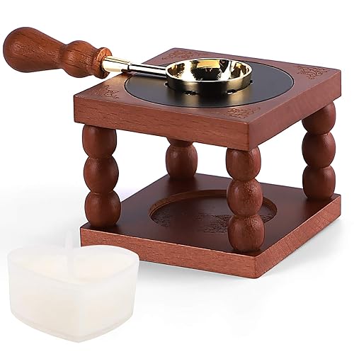 Miniatura 1 de Herramienta de horno de fusión de sello de cera, calentador de sellos de cera de madera con cuchara de latón resistente al calor y vela de té en