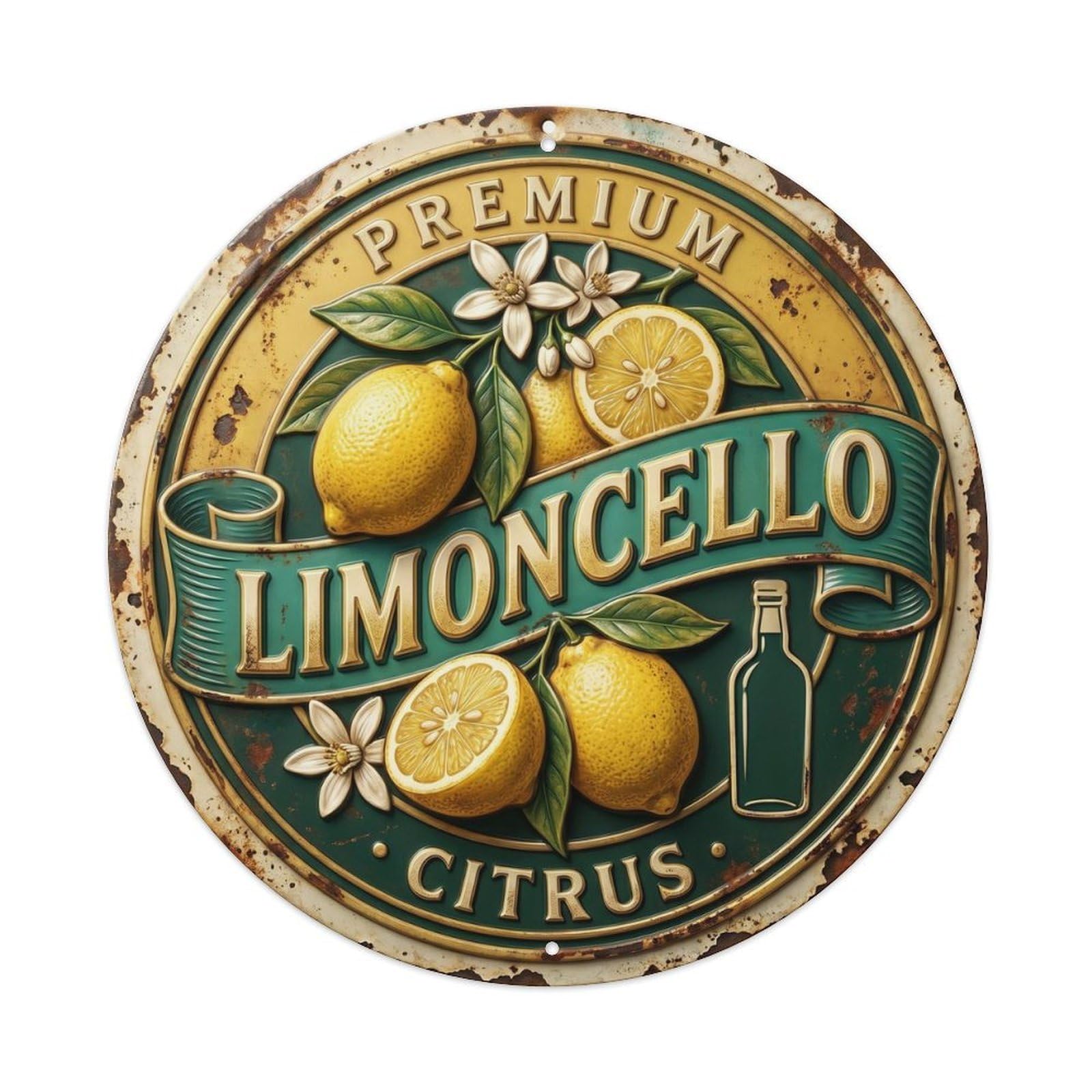 Fqcyn Style Premium Citrus Emblem Limoncello Metal Tin Sign Plaque Wall Decor For Cafe, Club Bar, Office, Home Garden Round Metal Poster 8X8inch