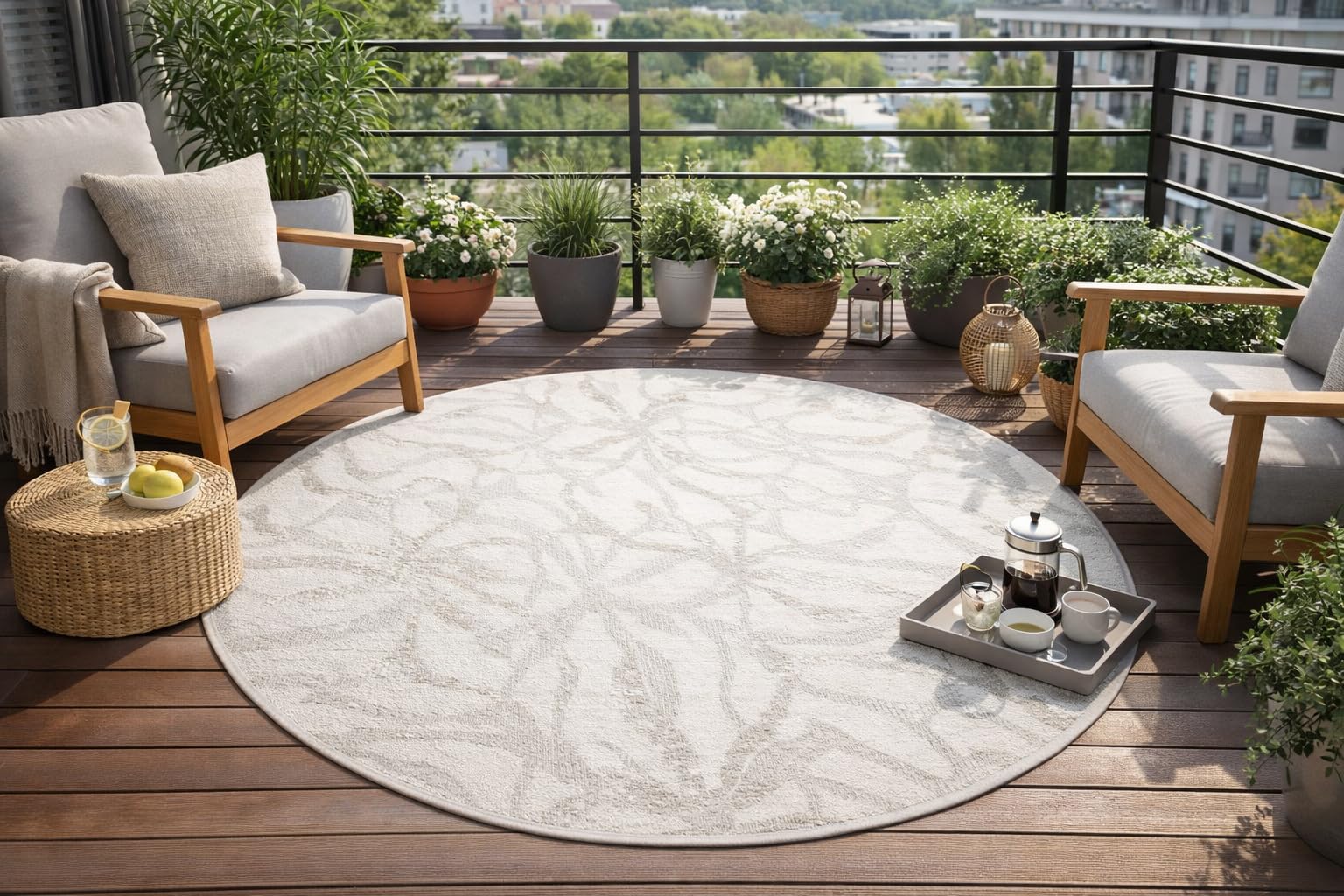 Haga, Runden, Sisal, Blumen, 140 cm, modernes Muster Outdoor Teppich, Balkon Carpet,Tepich für Terrasse, Teppiche aussenbereich wetterfest