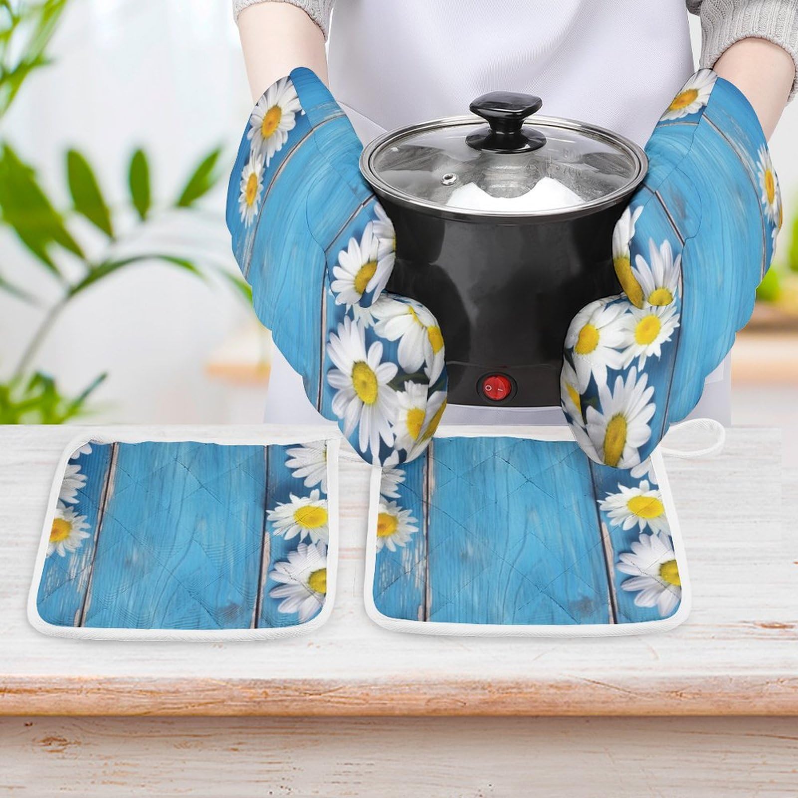 Lot de 4 maniques de cuisine en bois résistant à la chaleur avec coussinets chauds à suspendre Motif marguerites Bleu