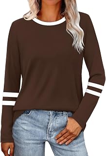 Women Tunic Tops Dressy Casual Long Sleeve Shirts Fall Trendy Color Block Crewneck Fashion Clothing Loose Fit Shirts