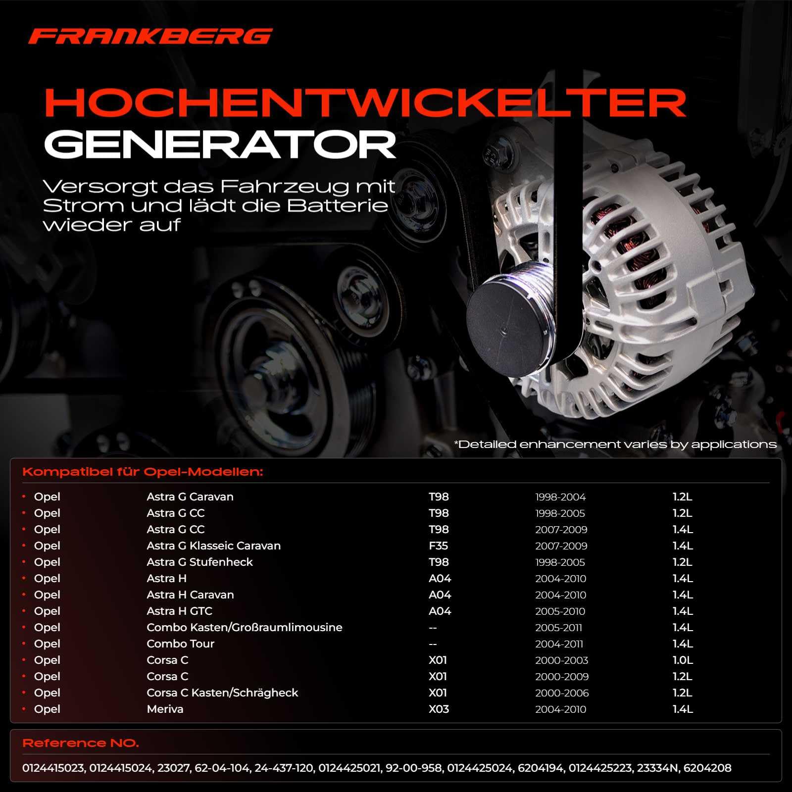 Frankberg 1 x alternator kompatybilny z Astra G Caravan T98 1,2 l 1998-2004 Astra G CC F08 F48 1,2 l 1,4 l 1998-2009 Astra G Klasseic Caravan F35 1,4 l 2007-2009, zamiennik 01244155 024