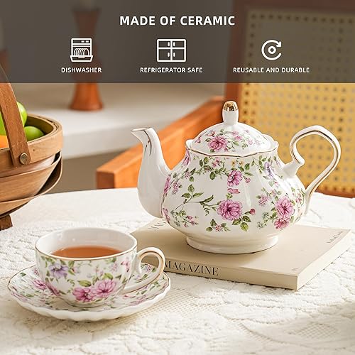 Miniatura 3 de Tetera de porcelana, tetera de porcelana para fiestas de té, infusoras de té para florecer té de hojas sueltas (blanco y flores grandes)