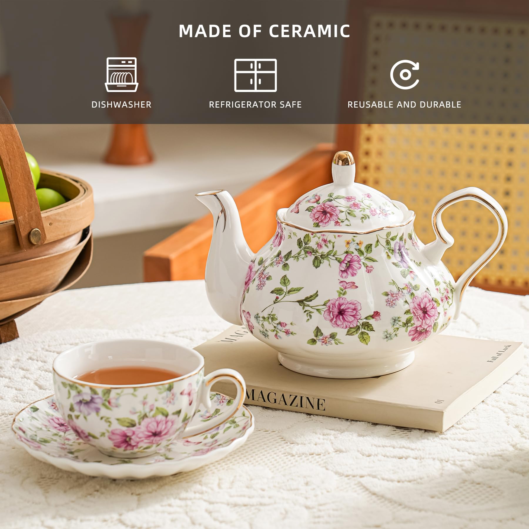 Agyiuns Tetera con flores blancas y grandes, 625 g, porcelana, cerámica, verdadera, 14 x 19 x 14 cm, tetera de hojas sueltas, infusiones de té, juego de fiesta de té