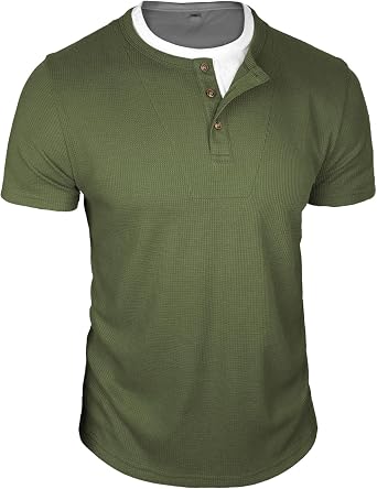 Mens Henley T-Shirts Waffle False Two Piece Short Sleeve Crewneck Tee Casual Button T Shirts Summer Tops