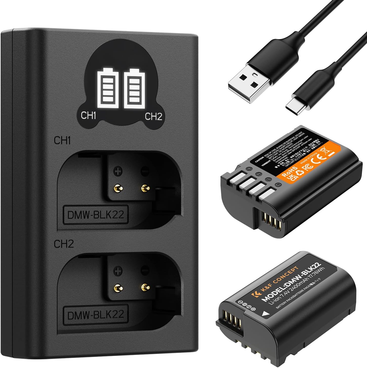 K&F CONCEPT 2-Pack DMW-BLK22 Battery and Charger Set, Compatible with Panasonic Lumix DC-S5 S5 II DC-S5 IIX S9 GH5 II GH6 S5II S5IIX S5M2 S5M2X GH5M2