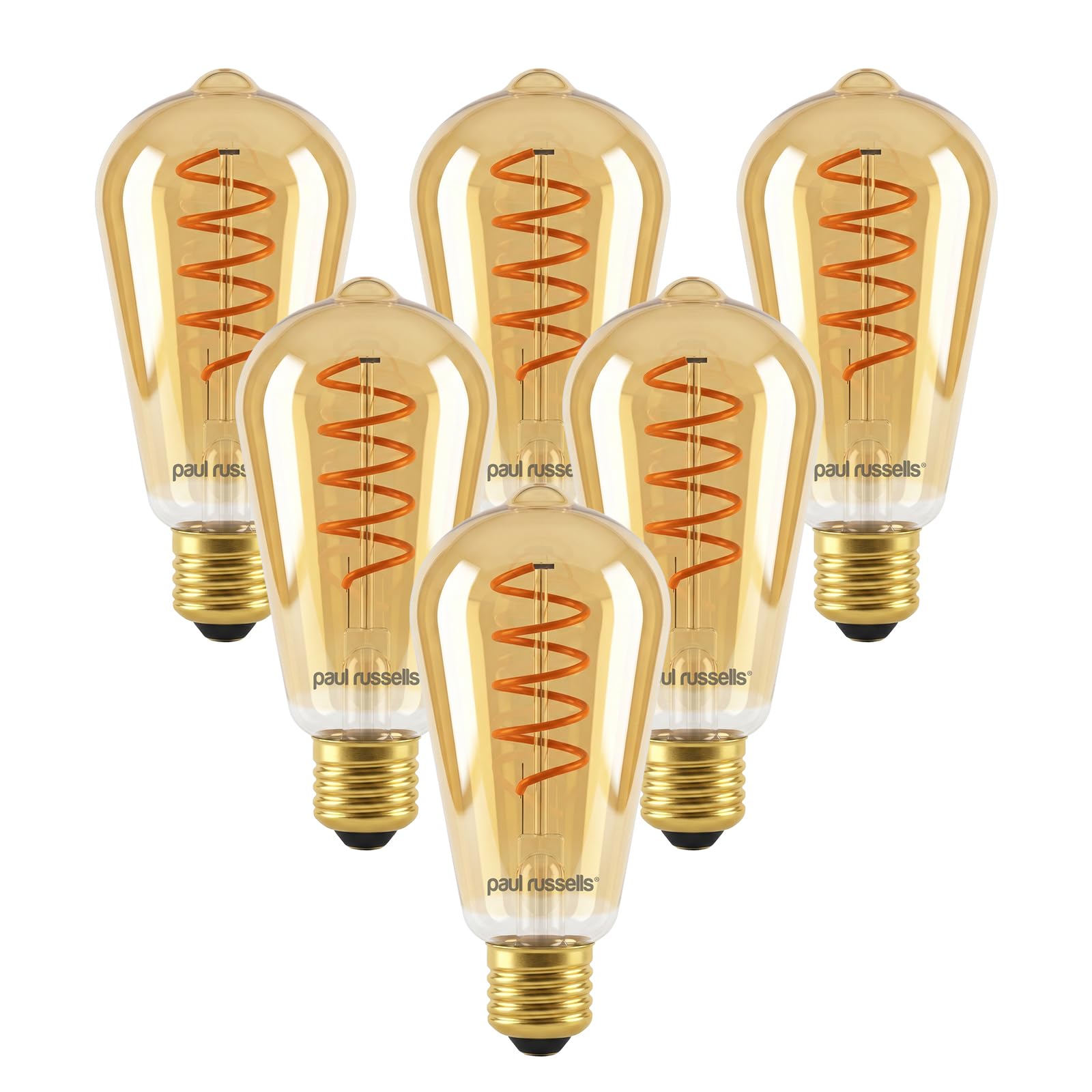 paul russells Dimmable Spiral LED Filament ST64 Edison Screw Bulb, E27 4W (25W Equivalent) - 250LM, 1800K Vintage Extra Warm Amber Light, 330° Beam Angle, Retro Cage Decorative Lamp – Pack of 6