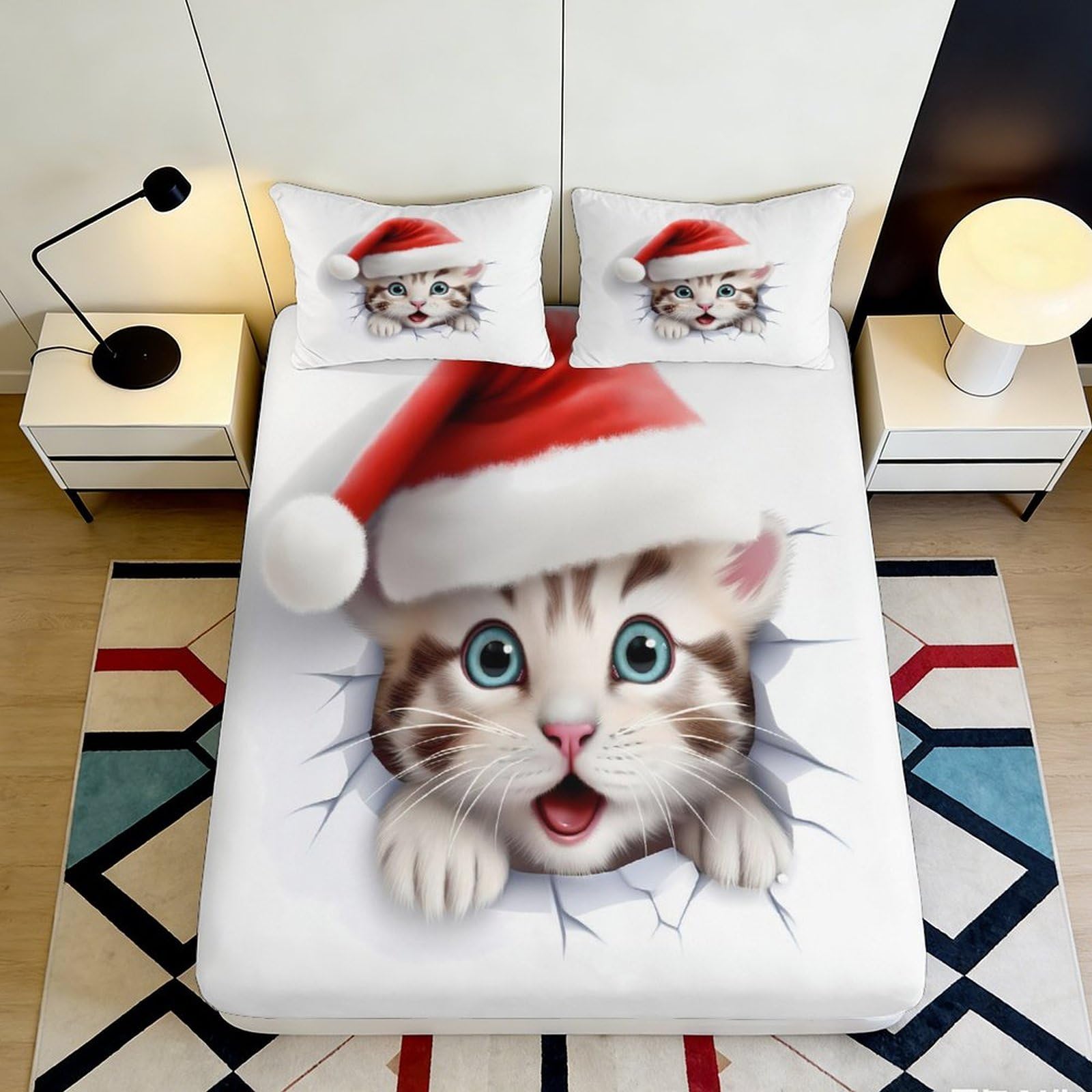 Jqzkxnhpbr Style-4 3D Printed Christmas Cat Fitted Sheet Microfiber Soft Santa Hat Bed Cover Anti-Slip Washable For Bedroom Guestroom 90X200x25cm