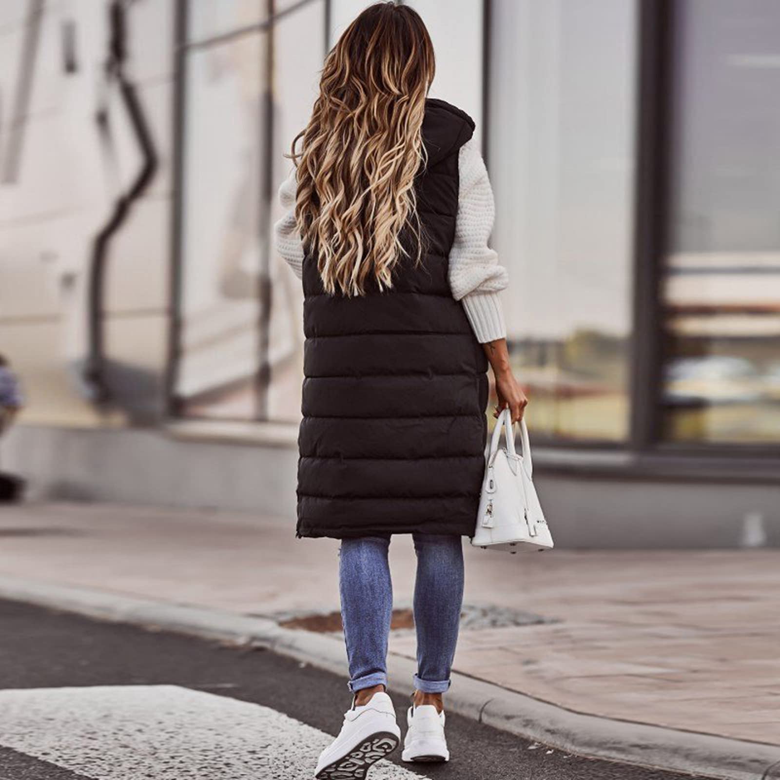 Chaleco largo para mujer con capucha – Abrigo largo de invierno cálido con capucha sin mangas chaleco acolchado para mujer ligero chaleco acolchado para exteriores con bolsillos chaleco