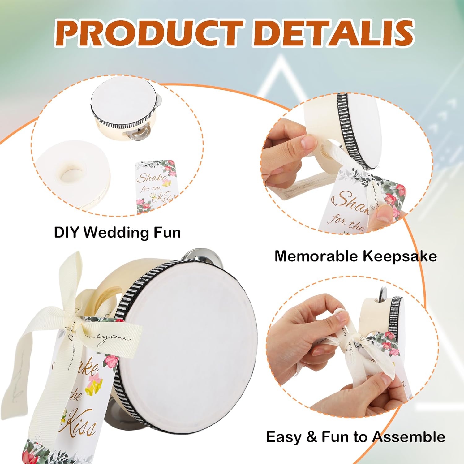 30 Pcs 4 Inch Adult Wedding Tambourines Drum Wooden Handheld Tambourine with Jingles Shake for a Kiss Gift Tags I Love You Printed Ribbon Musical Instruments Percussion for Church Wedding Party
