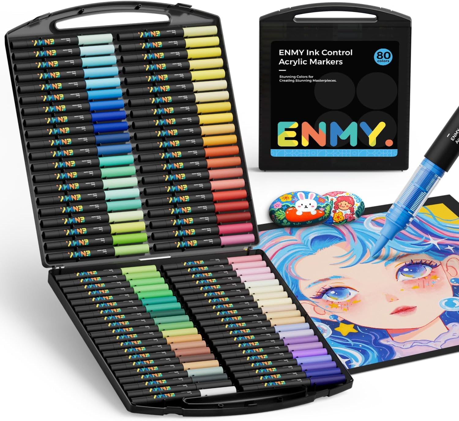 ENMY Marcadores Creativos de Pintura Acrílica, Marcadores Acrílicos a Base de Agua, Punta Pincel, Plumones acrilico Líquida, para madera, piedra, lienzo, vidrio, tela (80 Colores) - 80 Colores