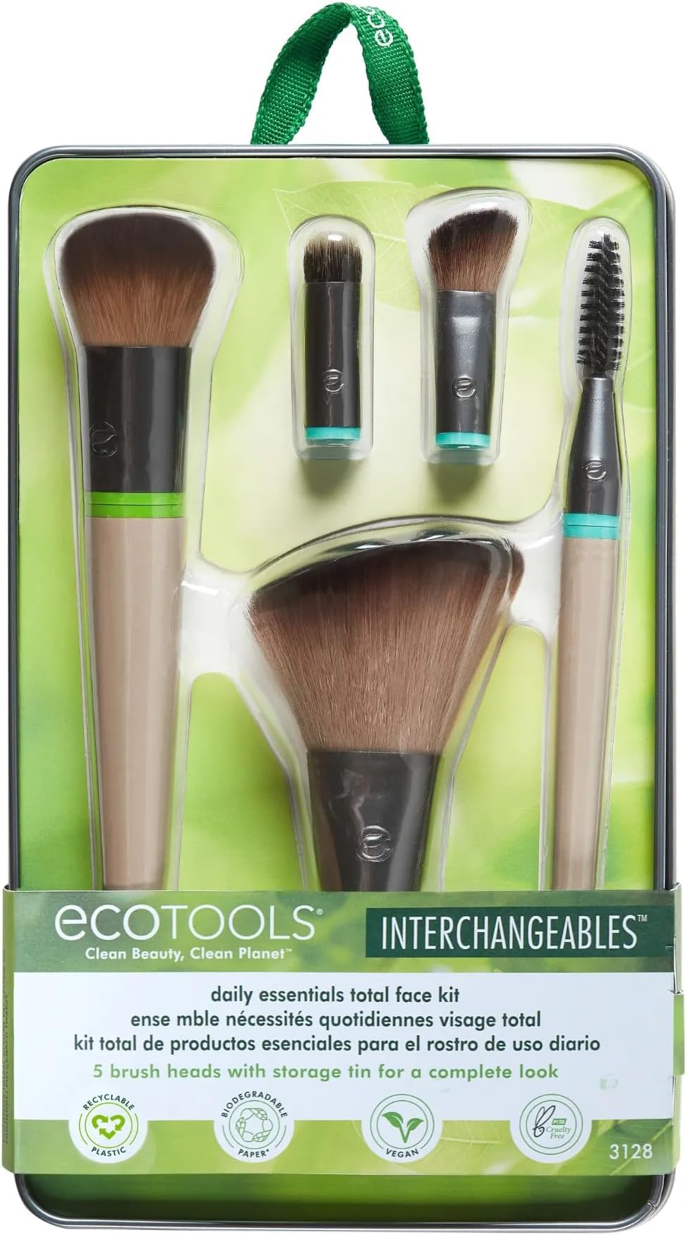 Daily Essentials Face Kit Interchangeables Makeup Brush Set With 5 Brushes, 2 Handles, And Storage Tin, Brown/Black