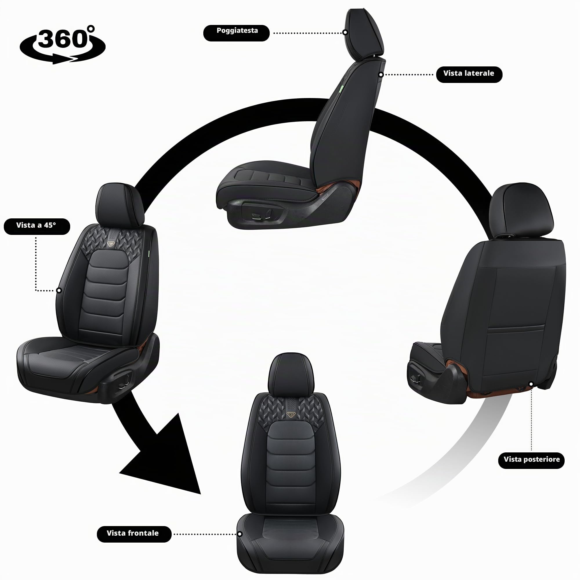 FLORICH Coprisedili per Auto Set Completo 5 Pezzi Coprisedili Anteriori e Posteriori in Pelle Universale Coprisedili Impermeabili per Auto Berlina, SUV, Camion (Completo, Nero
