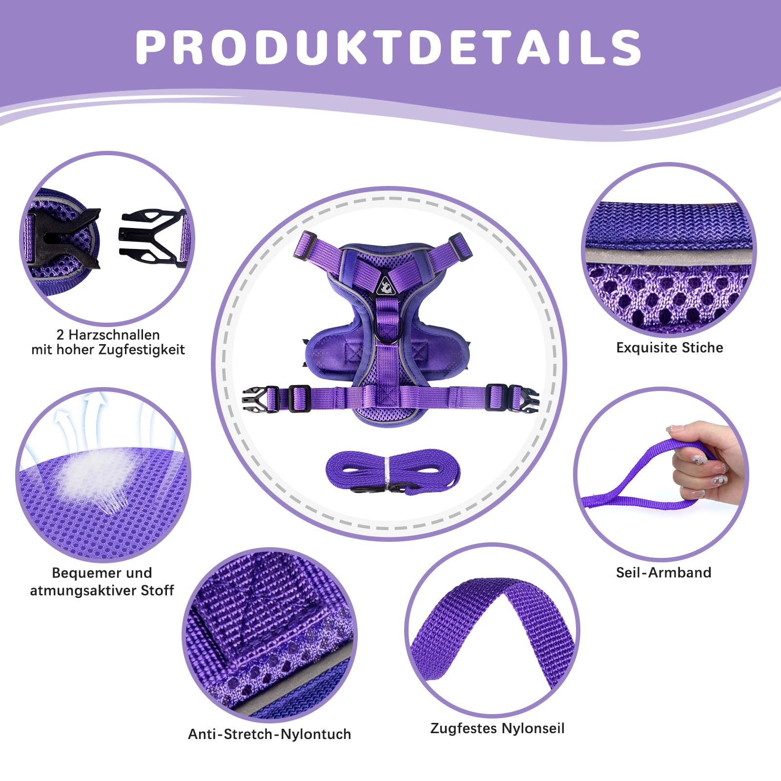 Arnés ajustable anti-rotura para gato con correa - Grantop - Arnés suave para gato - Morado oscuro - Talla XS — view 4