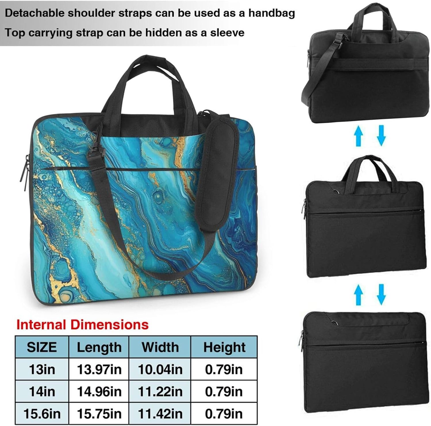 Laptop Case Sleeve 15.6 inch Laptop Sleeve Turquoise Blue Gold Marble Carrying Cases Shockproof Laptops Case for Men Women