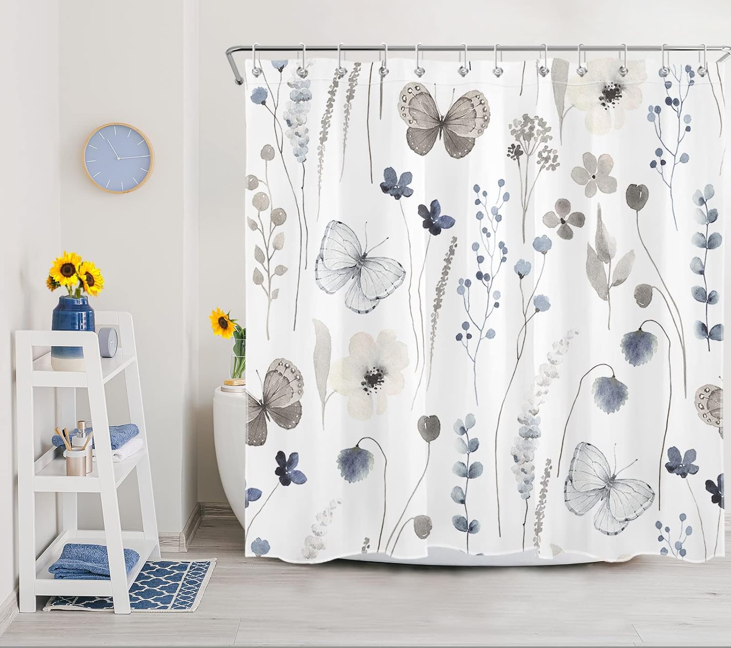 Grey Butterfly Shower Curtain Sets with Rugs Vintage Watercolor Blue Floral and Eucalyptus Leaf Fabric Shower Curtain with Hooks Spring Nature Floral PlantBathroom Curtains Shower Set, 72x72 inches