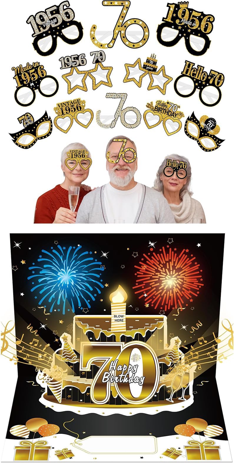 70th Birthday Glasses & Cards Pop Up 3D Cake - Firework & Music & Blow Out Candle Light Funny Happy 70 Black Gold Birthday Card Paper Glasses Gifts for Men, Women