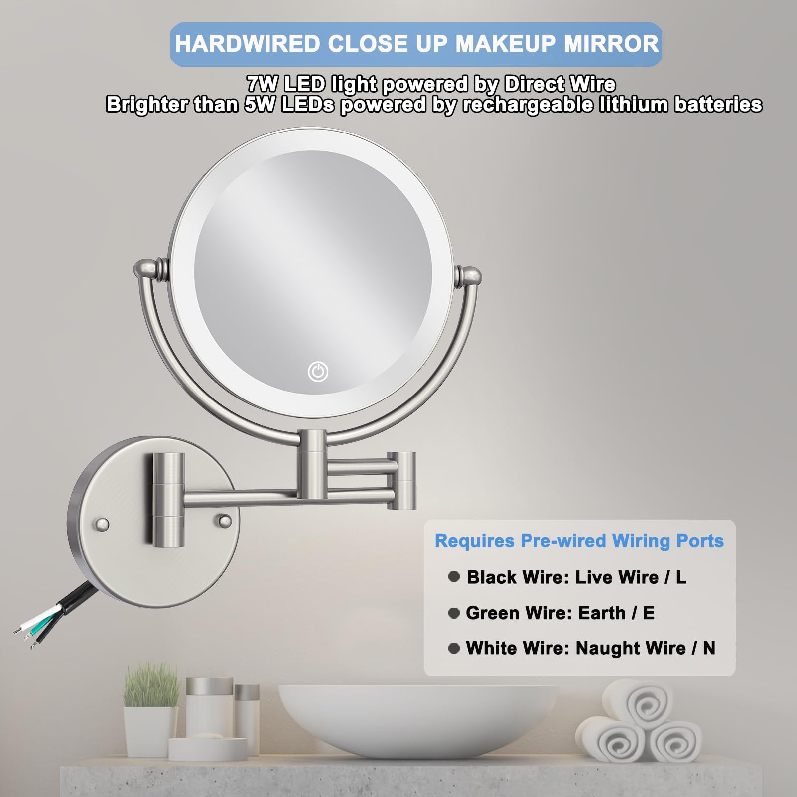 Espejo de maquillaje conectado fijo con luz, aumento de pared de doble cara espejo de baño de 20 cm 10 x aumento 3 colores iluminación espejo de afeitar
