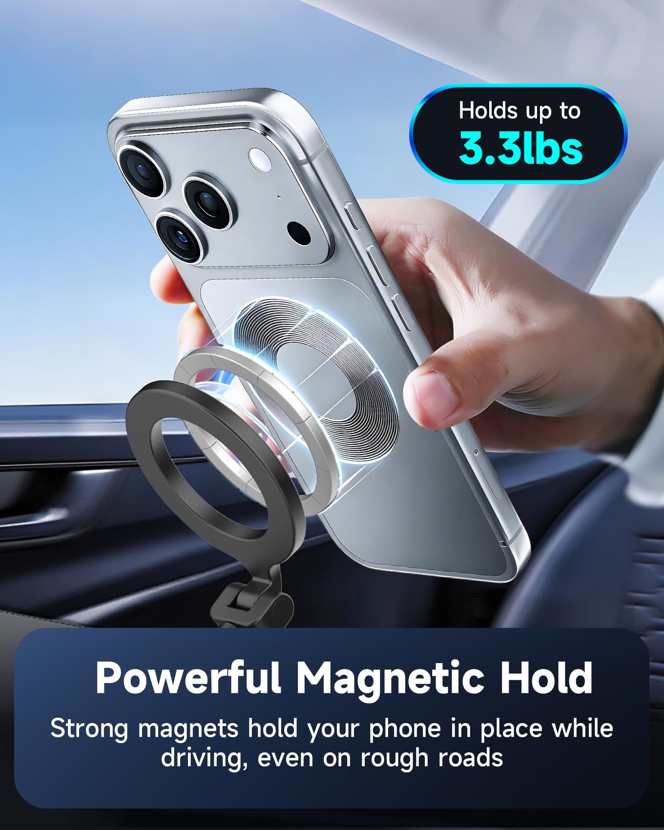 iOttie iTap 3 - Soporte magnético para teléfono con Ventosa al vacío, Soporte Plegable MagSafe para Coche con Ajuste de 4 Ejes, Fuerte Soporte para salpicadero y Parabrisas, Anillo de Metal para