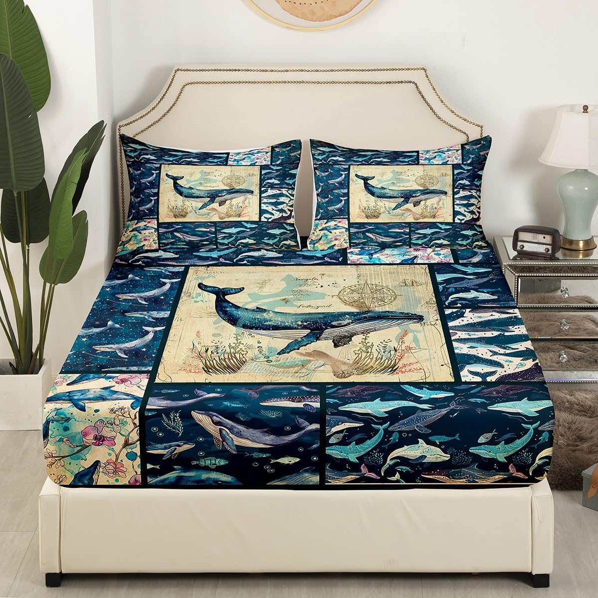 Whale Sheet Set Twin, Retro Nautical Theme Bed Sheets Bedroom Decor, Marine Life Flat Sheet, Colorful 3D Whales Fitted Sheet, Coastal Sea Animals Top Sheet Ocean Park Theme, 3Pcs with 1 Pillowcase