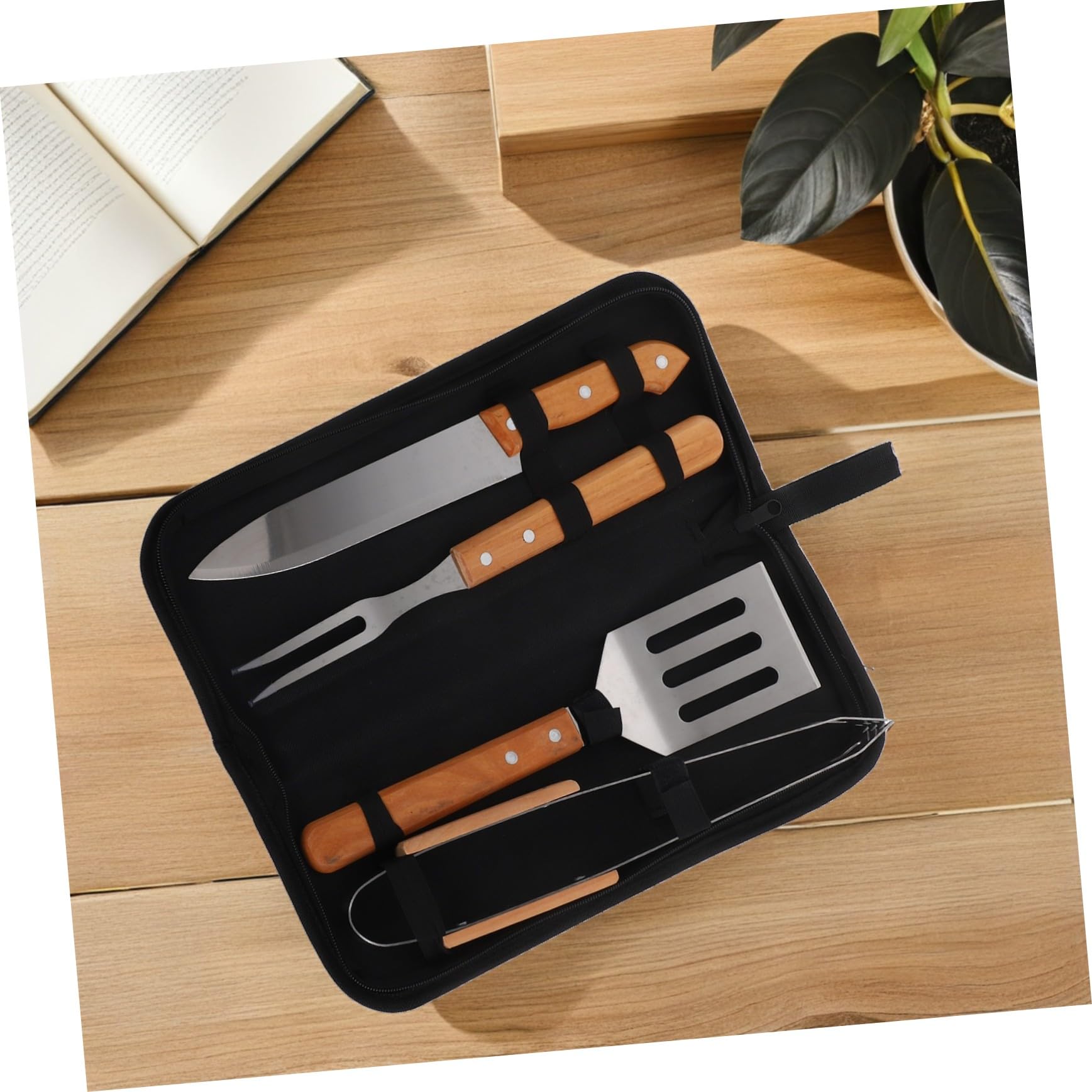 Grillbesteck mit Holzgriff Teiliges BBQ Zubehör für Outdoor Camping und Garten Tragbares Grillwerkzeug mit Spatel Zange und Messer im Praktischen Transportbeutel