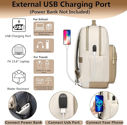 Miniatura 3 de Mochila para laptop para mujer, bolsas de trabajo de 15.6 pulgadas, mochila de viaje con cargador USB, mochila universitaria impermeable, mochila de