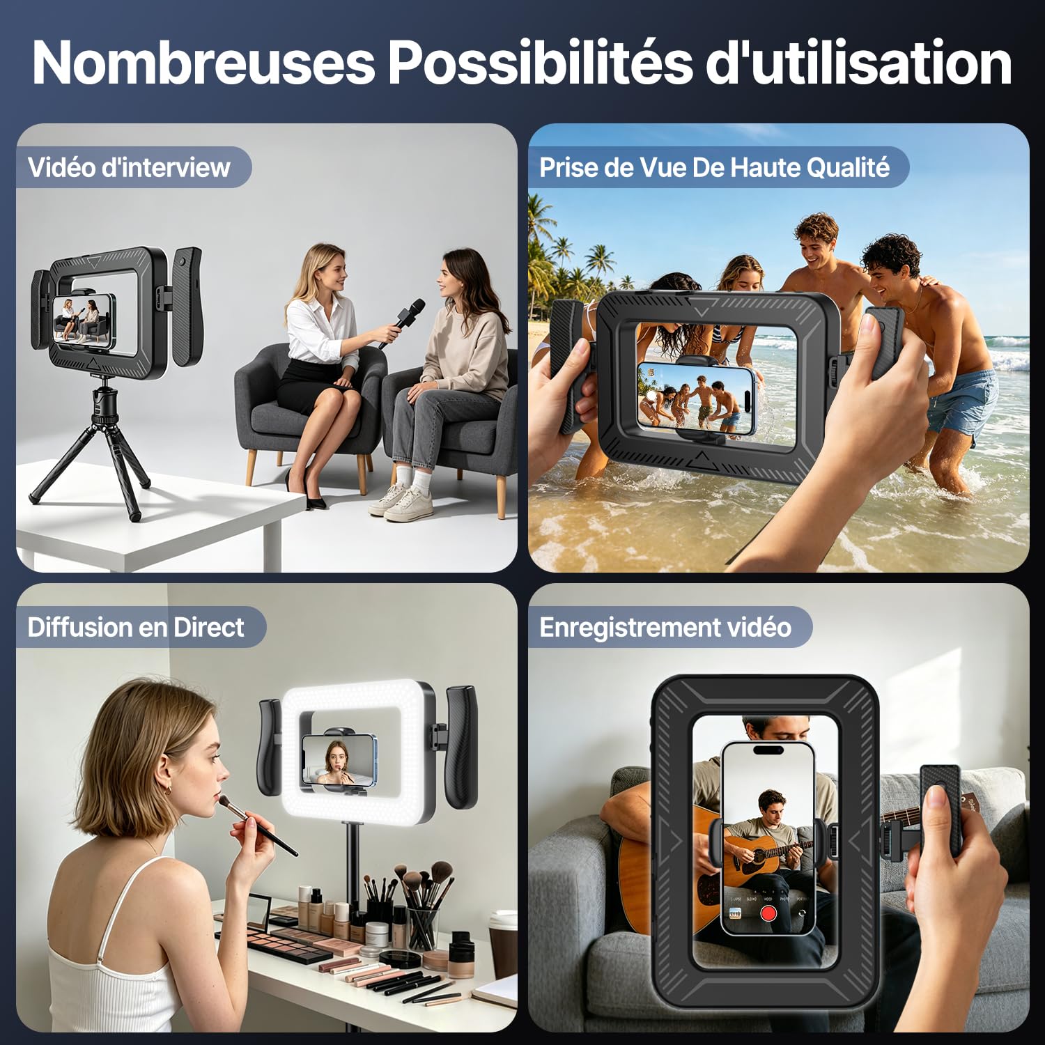 yAyusi Stabilisateur de Téléphone Portable avec Lumière Intégrée,Lampe Annulaire LED 3600 mAh pour l'enregistrement Vidéo,Support pour Smartphone,Idéal pour Les Vlogs et TikTok