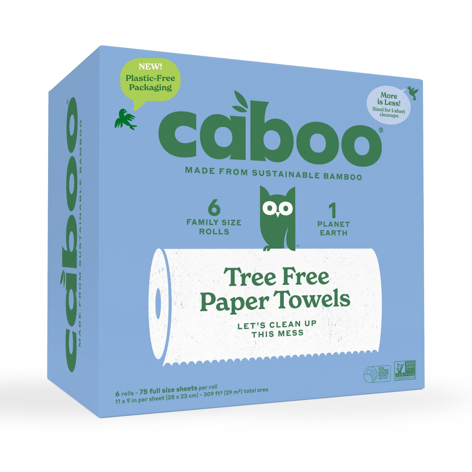 Caboo Tree Free Bamboo Paper Towels, 6 Rolls, Earth Friendly Biodegradable Kitchen Paper Towels with Strong 2 Ply Sheets