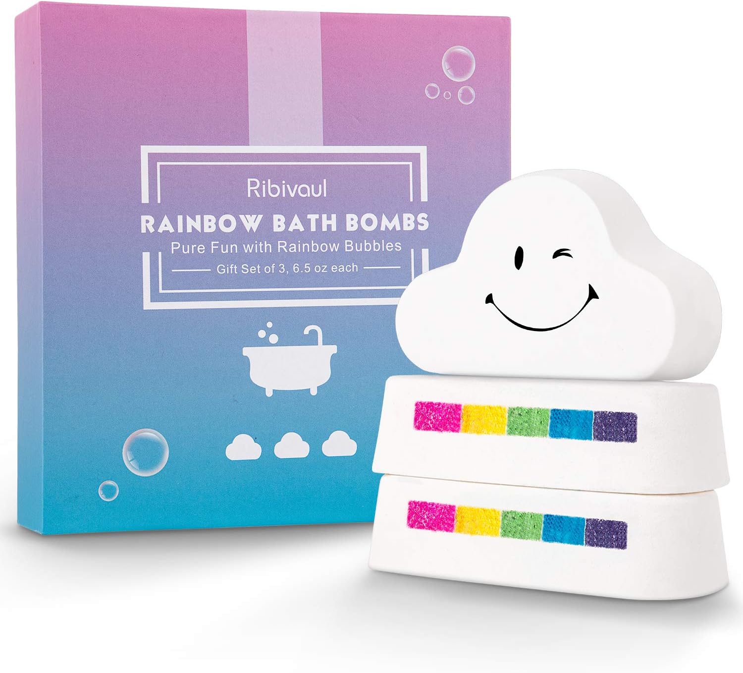 Cloud Rainbow Bath Bombs for Kids Girls, XXXL Handmade Bath Bombs (3×6 oz), Natural & Organic Bathbombs with Surprise Colors Inside, Stocking Stuffers Birthday Christmas Gifts for Women