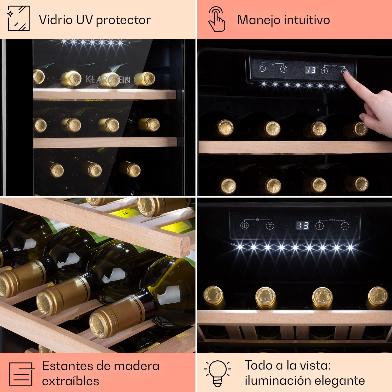 KLARSTEIN Vinoteca 19 Botellas, Nevera Vinos, Una Zona de Refrigeración, Nevera Expositora Vino y Cerveza, Vinoteca Interior y Exterior con Puerta de Cristal, Nevera Vino con Protección UV, 4-22°C