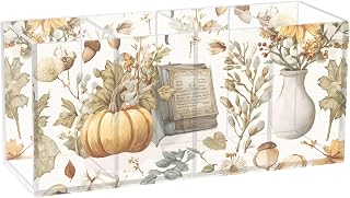 Xmas Acrylic Pen Holder 4 Compartments, Pumpkin Pattern Clear Pencil Organizer Cup for Countertop Desk Accessory Storage