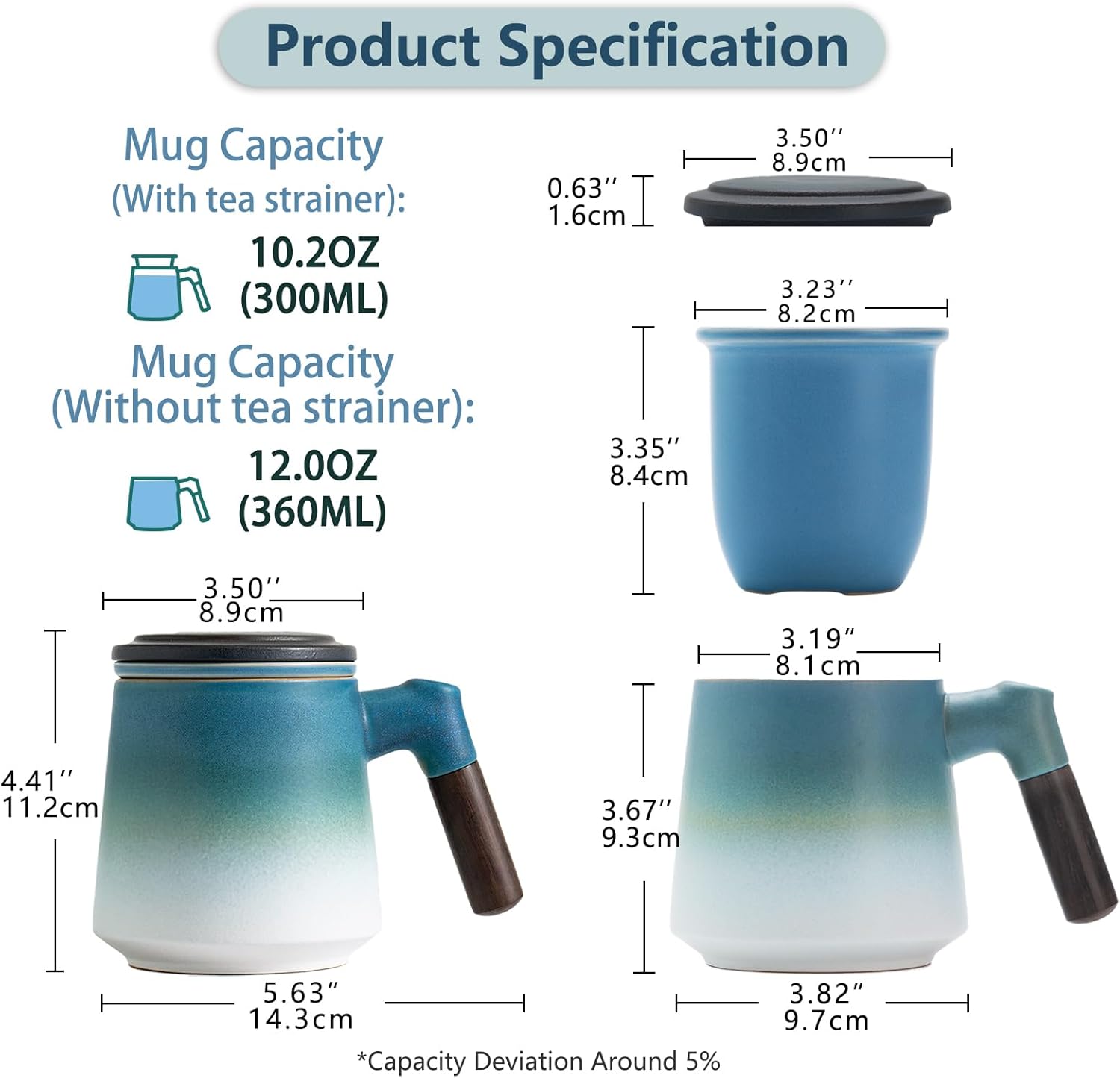 ZENS Tea Cup with Infuser and Lid, 12oz Gradient Blue Tea Mug for Loose Leaf Tea Steeper, Wood Handle Cup with Fine Mesh Tea Strainers Diffusers Accessories for Tea Lovers Gifts - Image 3