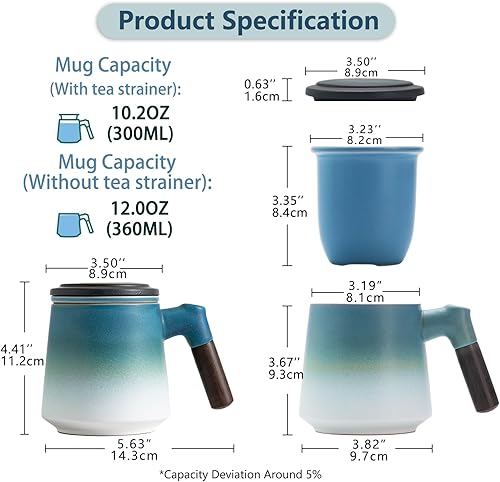 Miniatura 10 de ZENS Taza de té con infusor y tapa, mango de madera, taza de té suelta de 12 onzas, taza de cerámica mate para regalos de té, negro y azul