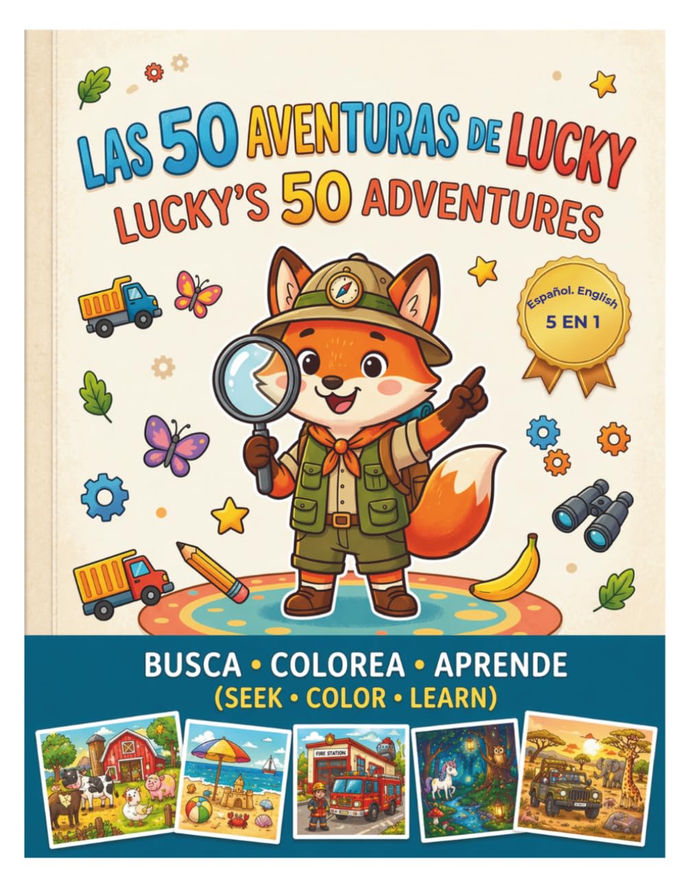 Las 50 Aventuras de Lucky: Busca. Colorea. Aprende. El libro de actividades bilingüe 5 en 1 para niños y niñas.