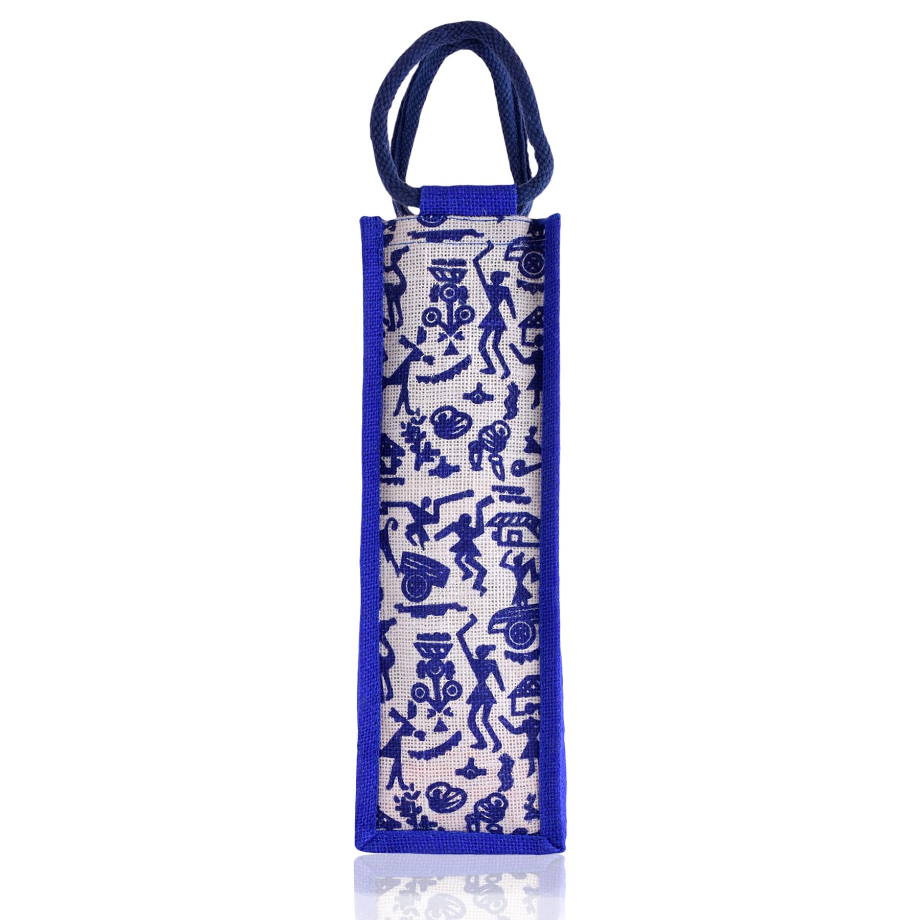 kuber industries Bottle Bag | Jute Carry Bag | Water Bottle Cover | Wine Bottle Bag | Reusable Bottle Bag with Handle | Bottle Bag for Office | Gift Bag | Warli-Print | Blue-picture-14