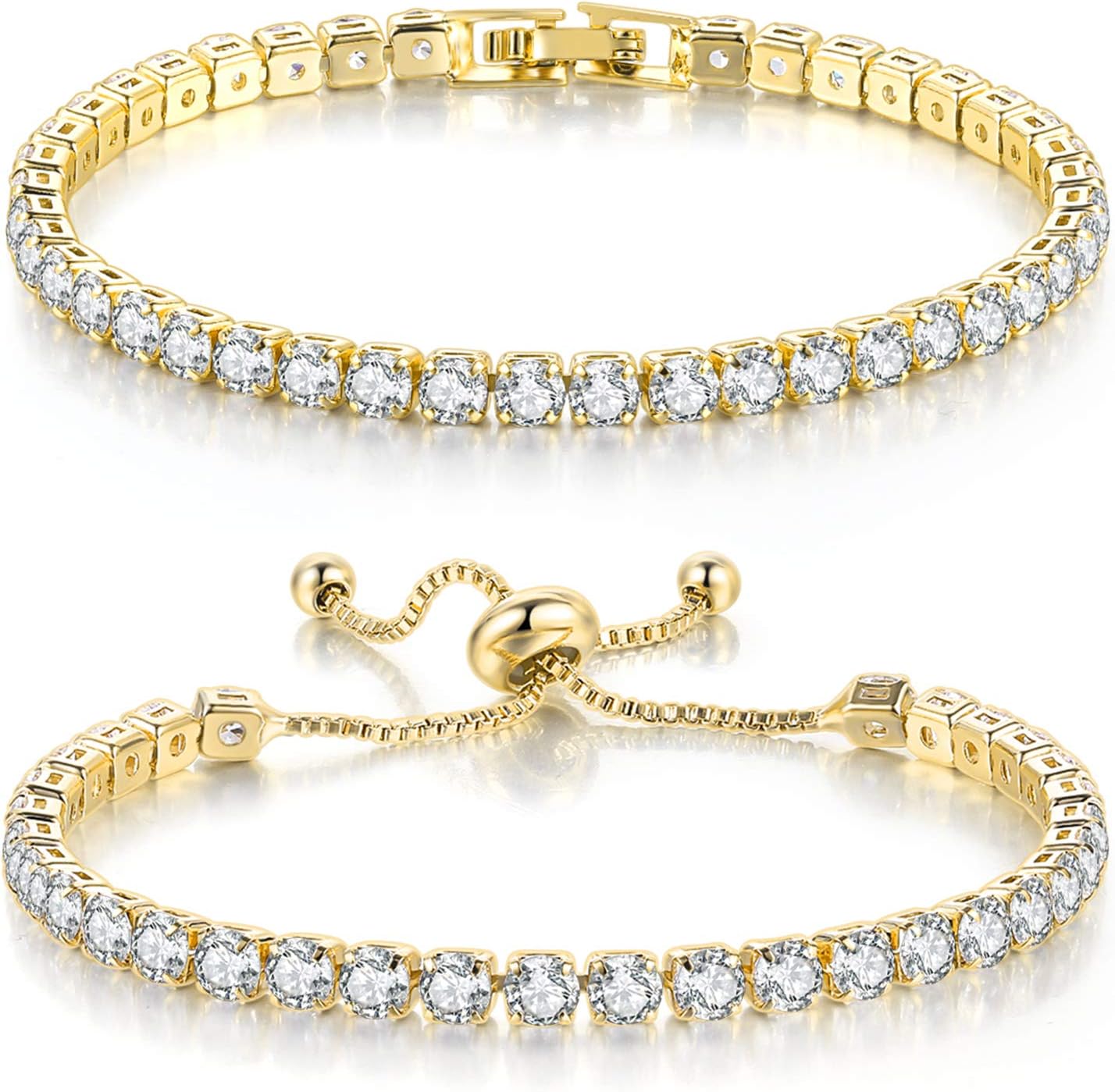 2 Pcs Tennis Bracelets for Women 14K Gold Plated AAA+ Cubic Zirconia CZ Diamond Classic Adjustable Slider Bracelet Fashion Jewelry Wedding Gift Size 6.5-7.5 Inch