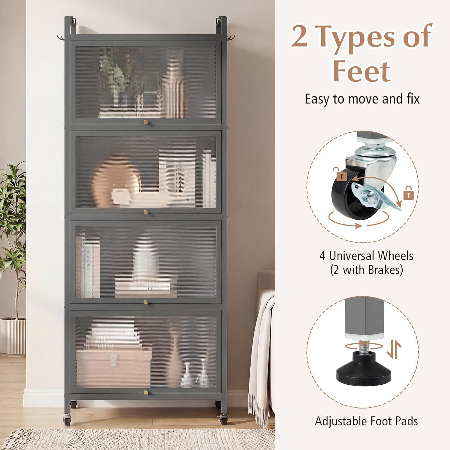 Giantex 5-Tier Kitchen Storage Cabinet, Mobile Microwave Stand with Flip-up PC Doors, Freestanding Kitchen Bakers Rack with 4 Rolling Casters, for Dining Room, Living Room and Study, Grey