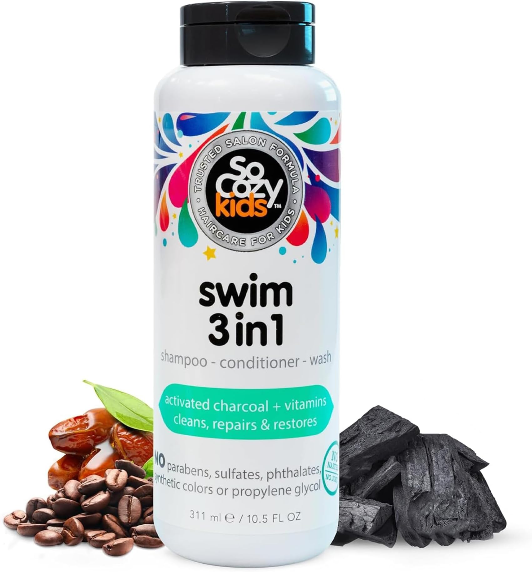 SO COZY Kids Swim 3-in-1 Shampoo, Conditioner & Body Wash - 3-in-1 Combo Pool Shampoo & Conditioner for Swimmers - Salt & Chlorine Removing Activated Charcoal