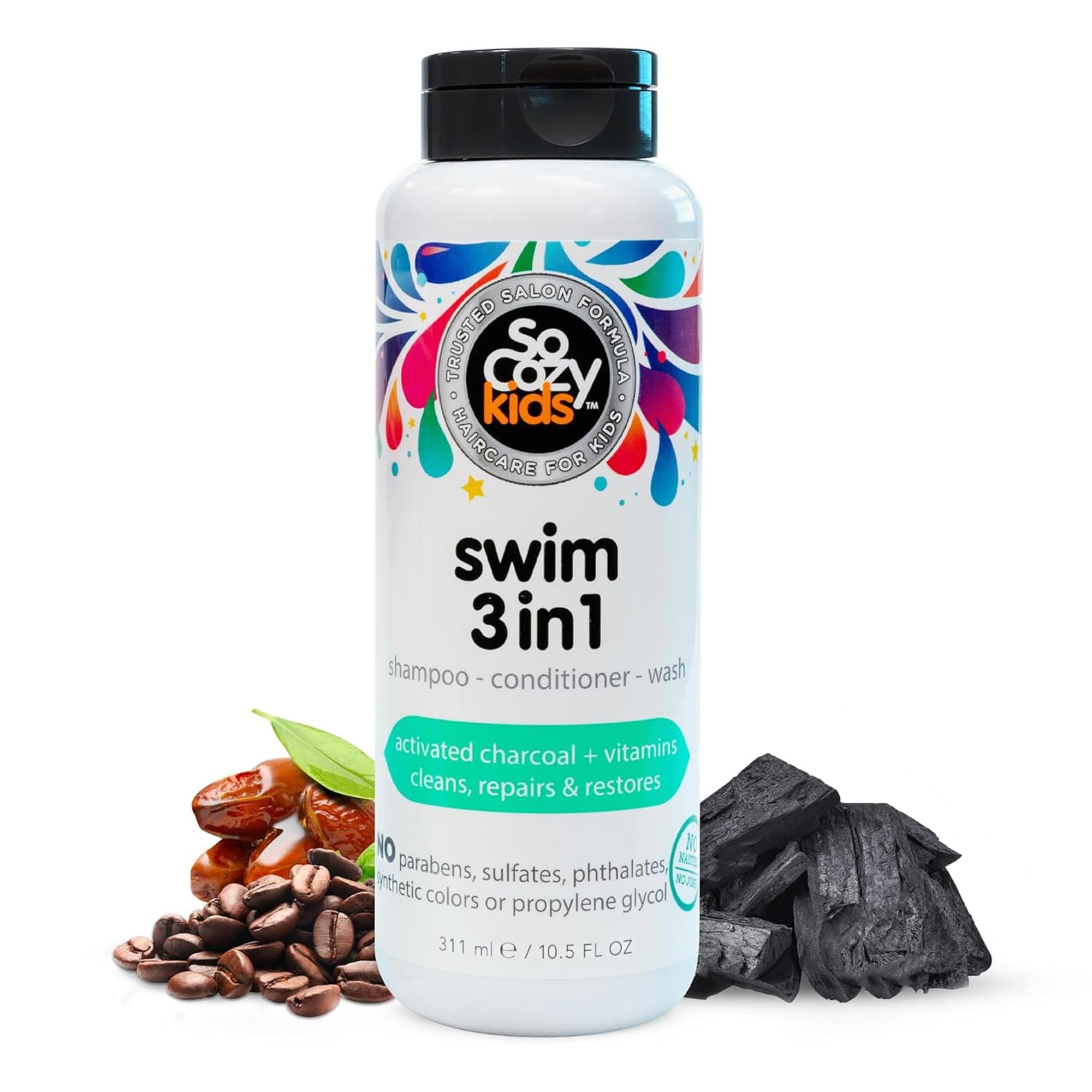 SoCozy Kids Swim 3 en 1 Champú, acondicionador y lavado corporal con carbón activado