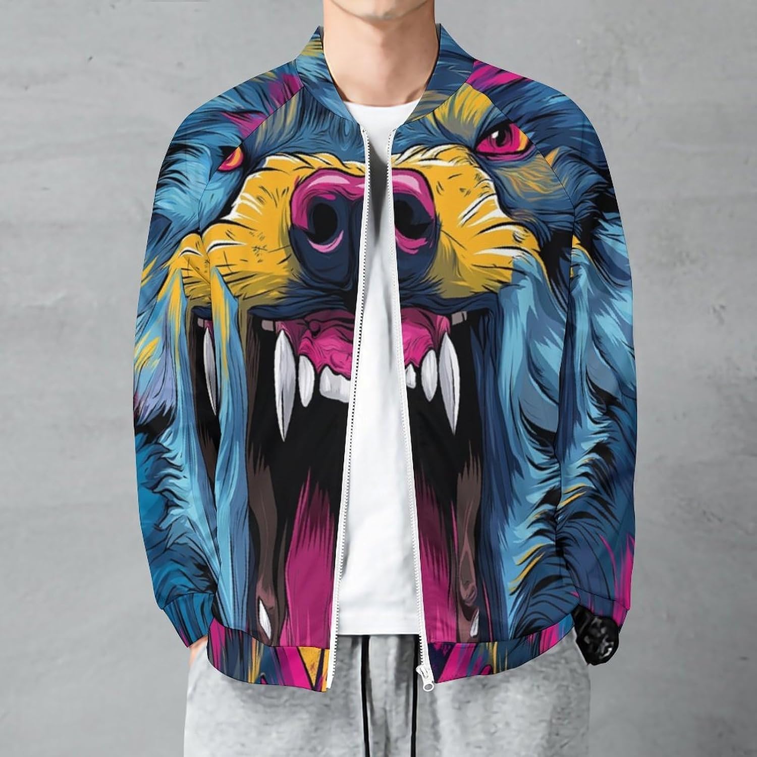Men's Varsity Jacket Zipper Windbreaker, Angry Wolf Bomber Jackets, Lightweight Casual Long Sleeve Coats